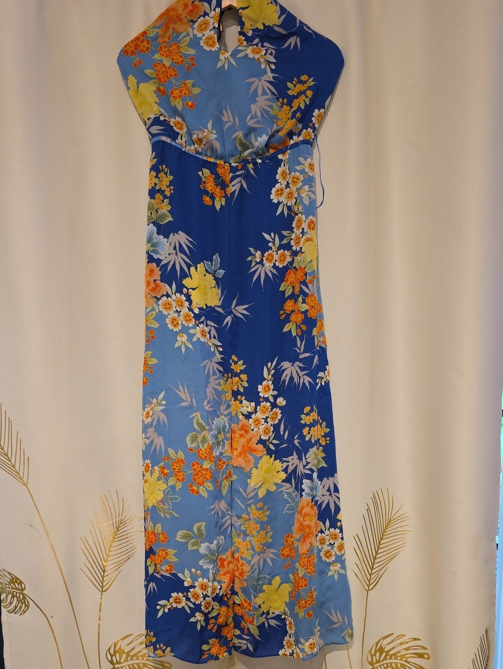 Guess Blue Floral Halter Maxi Dress with Orange and Yellow Accents